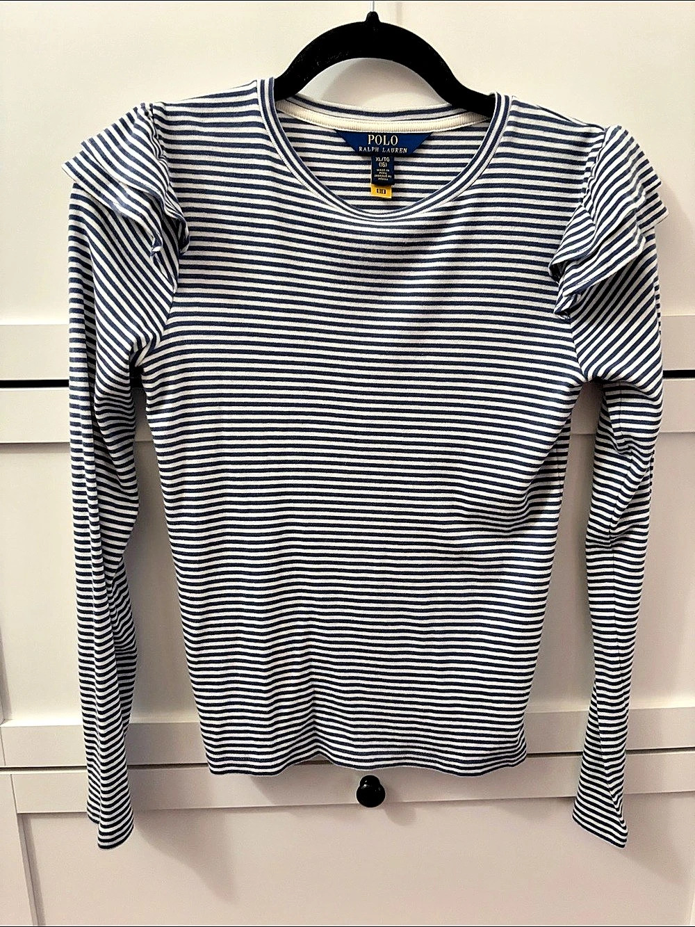 Polo Ralph Lauren Striped Ruffle-Shoulder Long-Sleeve Tee Blue & White XL
